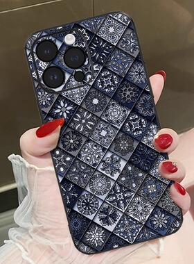 立体浮雕格纹图腾适用苹果16promax手机壳iPhone15pro皮质14民族风13华为pura80promate70全包防摔ip12保护套