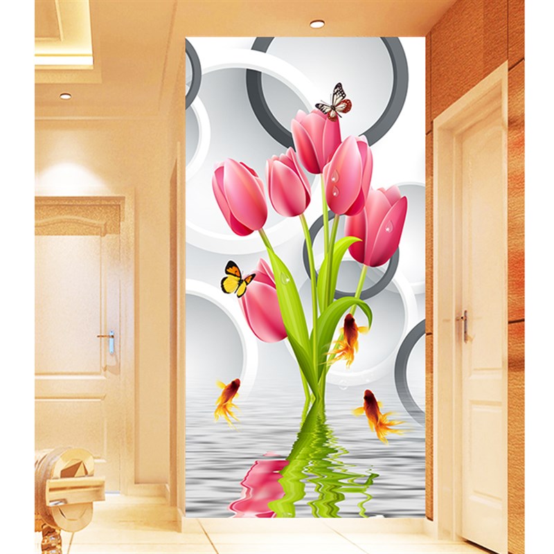 自粘玄关贴画定制墙贴走廊过道背景自粘装饰画现代风景花自粘贴纸图片