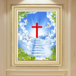 风景十字架新款 带框钻石画满钻方钻贴钻十字绣客厅玄关中堂画竖版