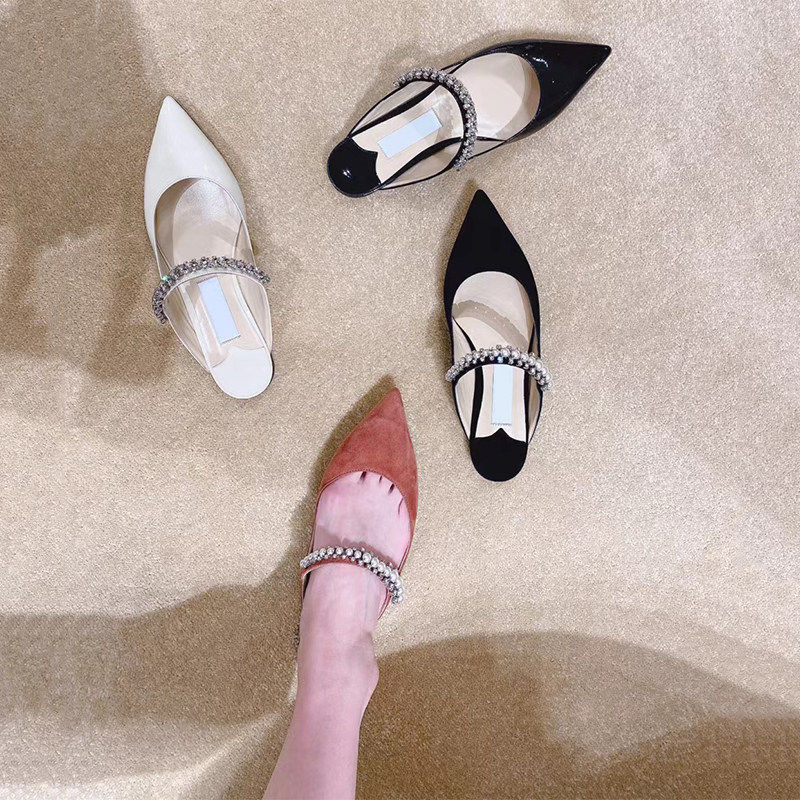 早春新款漆皮包头水钻链条平底半拖鞋女外穿一字拖尖头穆勒鞋凉鞋,女鞋,包头拖,淘宝优惠券,粉丝福利购,淘宝优惠卷