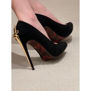 欧美风金属权杖高跟鞋女细跟真皮红底尖头浅口性感高级单鞋女鞋子