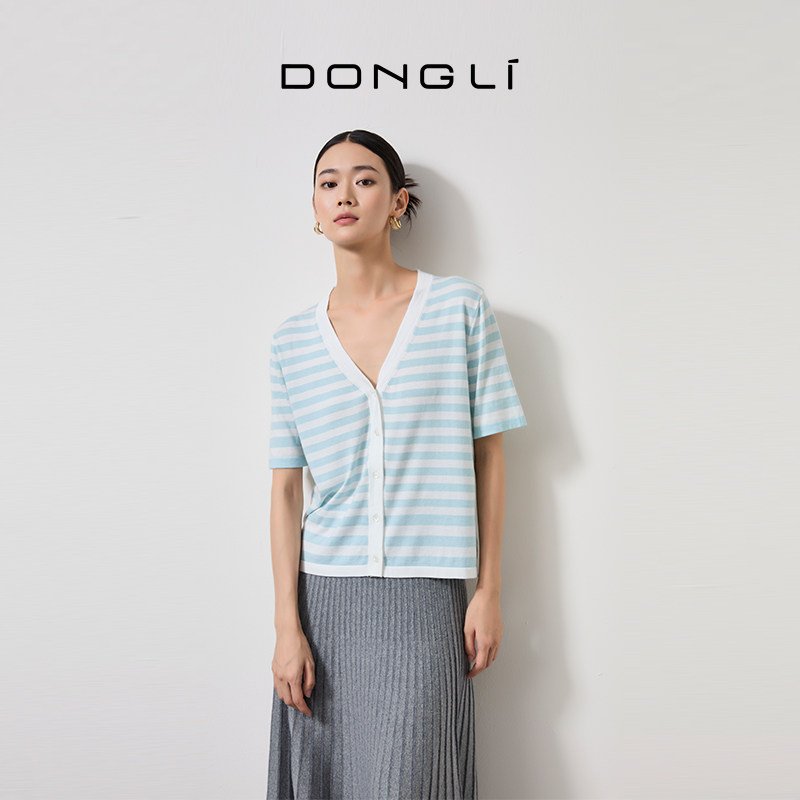 东黎V领彩条针织短袖t