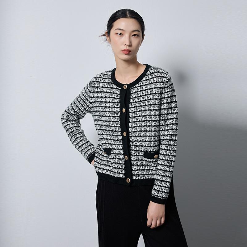 东黎纯山羊绒黑白格纹开衫外套