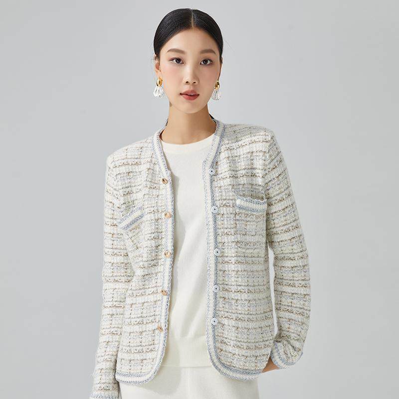 东黎 100%山羊绒 霓虹清雅女士春秋季粗纺V领短款小香风外套开衫,女装/女士精品,短外套,淘宝优惠券,粉丝福利购,淘宝优惠卷