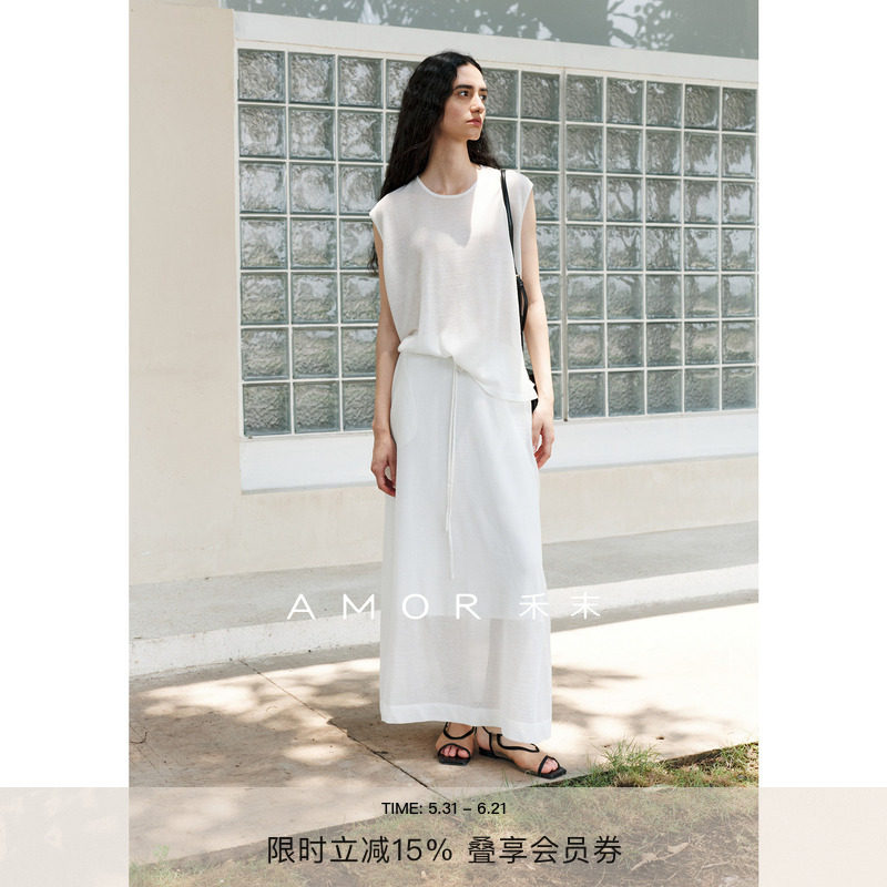 AMOR禾末“松弛序章”亚麻16针轻透纱感无袖上衣垂感针织半身裙