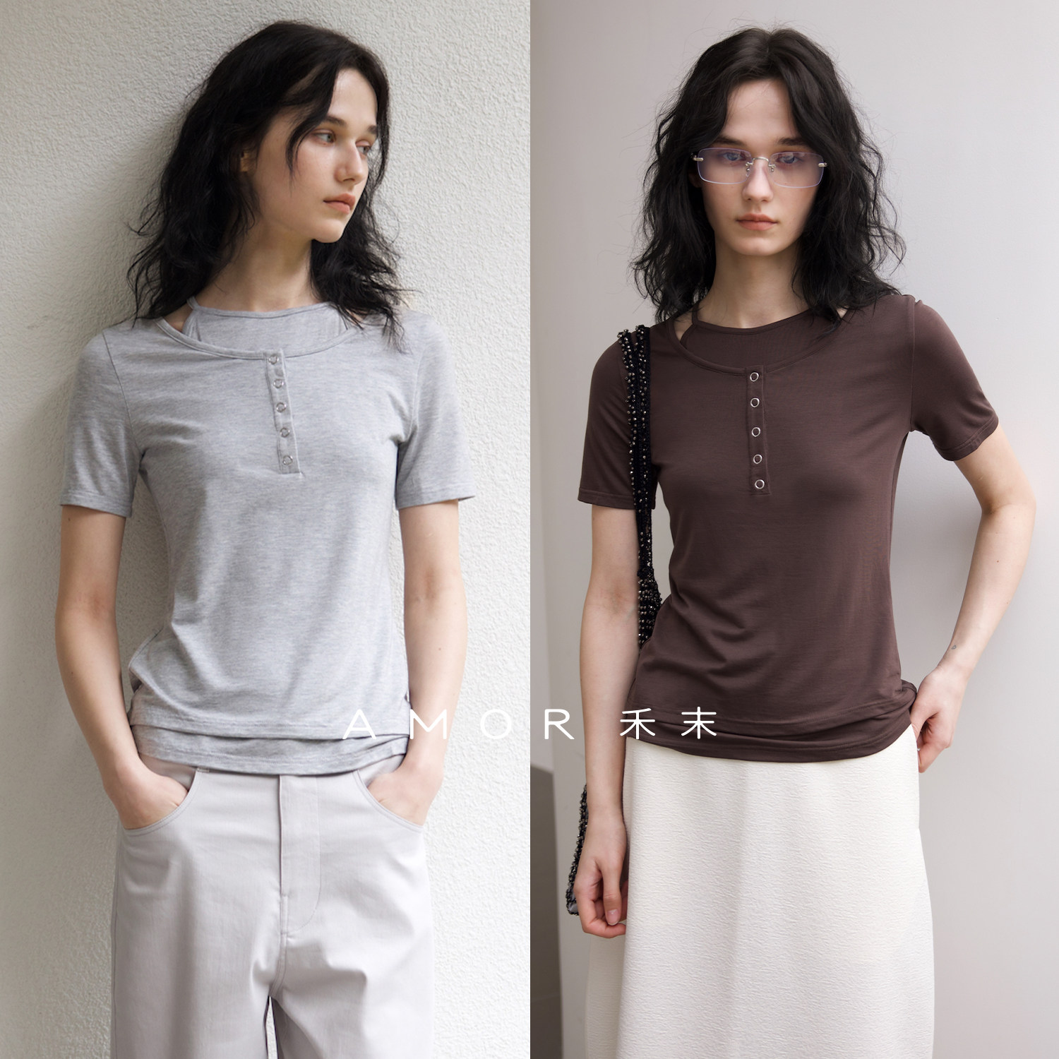 AMOR禾末 亨利领假两件针织显瘦短袖t恤上衣女夏季