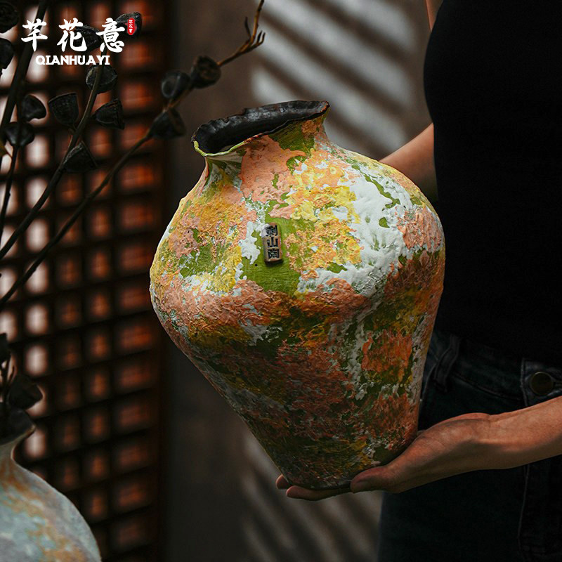 景德镇陶瓷花瓶彷古复古高级彩釉粗陶手工捏插花花器民宿艺术摆件