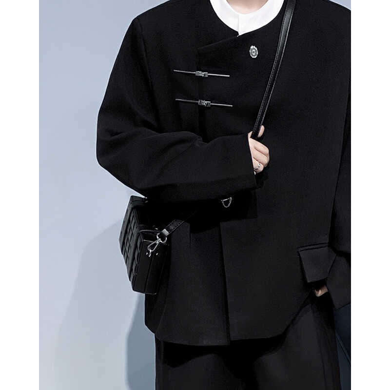 新中式金属斜襟盘扣立领垫肩西装外套男装高级感垫肩小西服中山装