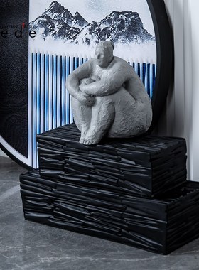 新中式黑白灰蓝样板间客厅玄关柜装饰柜茶几书房书柜软装饰品摆件