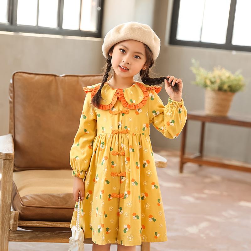女童2022秋季新款长袖连衣裙公主裙中大童小众花瓣领纯棉连衣裙