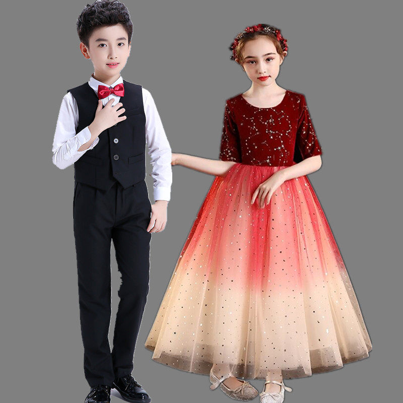 女童公主裙小女孩主持晚礼服儿童学生钢琴表演走秀长袖演出服长款