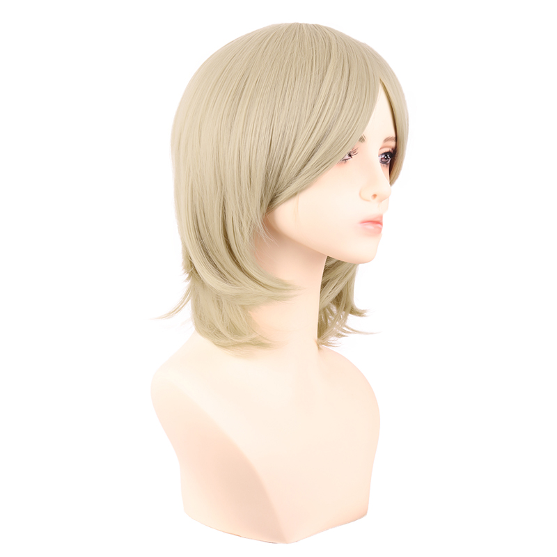 潼漫 cos假发女短发万用奶金色香槟色40CM中长齐斜刘海高温丝头套