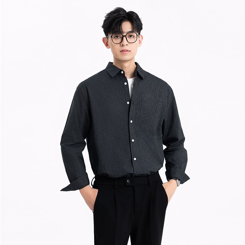 春夏简约纯棉男士设计高级感长袖衬衫宽松上衣休闲外套细条纹衬衫
