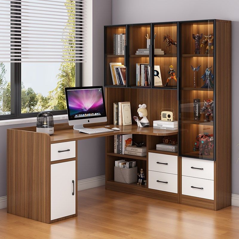 实木转角书桌书架一体轻奢风电脑桌家用简约办公桌学习桌书柜组合