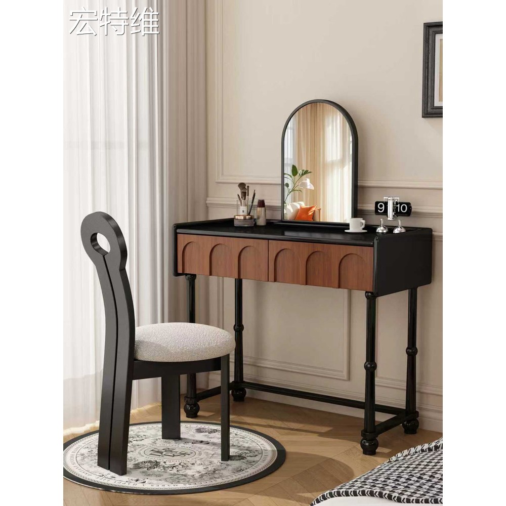 法式覆古实木梳妆台斗柜一体小户型卧室60CM化妆桌中古风收纳柜子