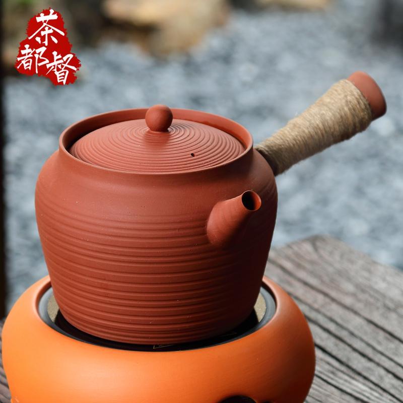 潮州明德园手拉红泥砂铫煮茶壶侧把养生全手工大号茶锅围炉粗陶壶