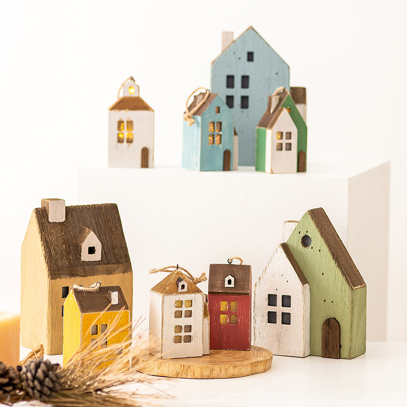 YBOX创意乡村田园木质小房子家居发光摆件挂饰圣诞装饰咖啡店礼物