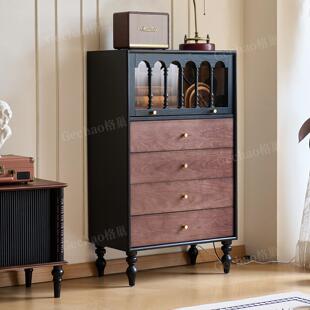 法式复古实木斗柜卧室中古风储物收纳柜小户型家用边柜拼色床尾柜
