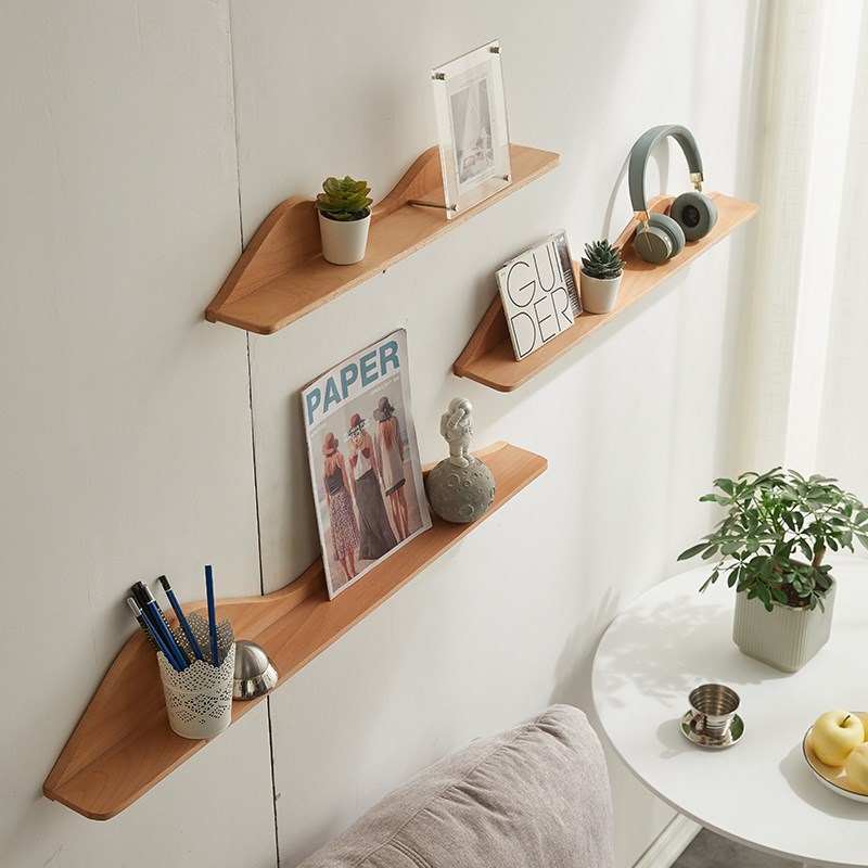 免打孔墙上置物架客厅壁挂实木一字隔板榉木书架层板餐厅装饰架子