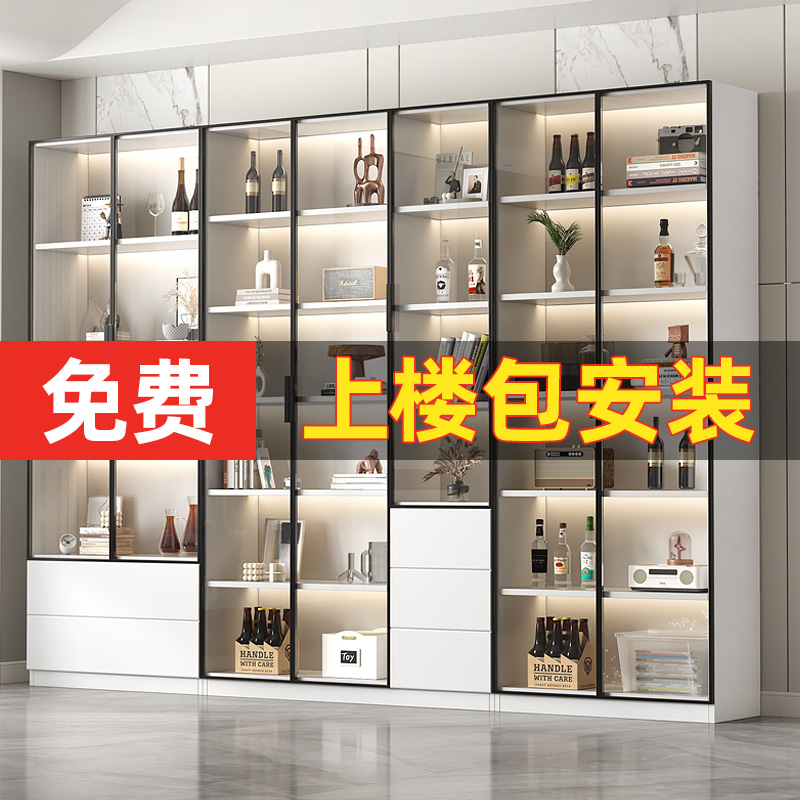 书柜带玻璃门酒柜轻奢定制家用展示客厅一体整墙到顶书架实木手办