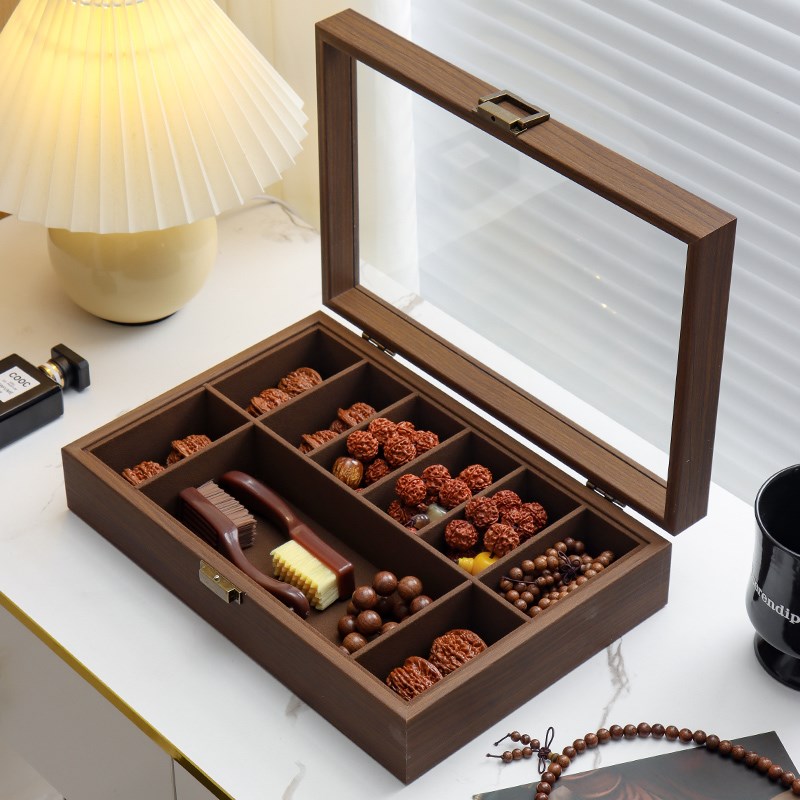 文玩收纳盒核桃手串胡桃木色手串大容量收藏防尘展示木质复古轻奢