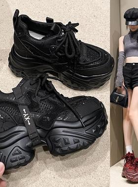 黑色内增高老爹鞋女款2025秋季新款真皮小个子高跟厚底休闲运动鞋