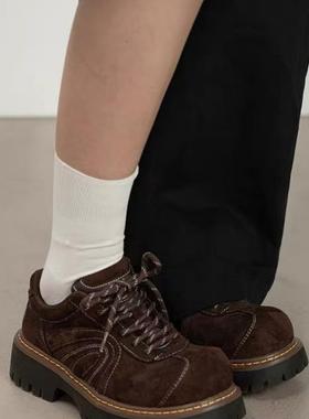 自留版时尚百搭黑色厚底德比鞋女秋增高小皮鞋百搭覆古乐福大头鞋