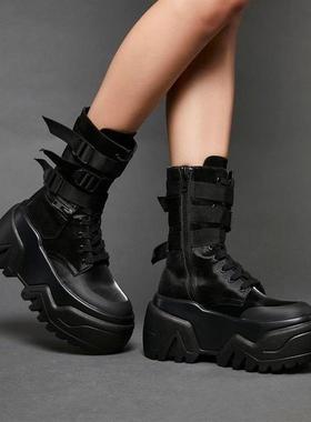 2025秋冬款真皮圆头厚底工装短靴女加绒黑色马丁靴覆古中筒机车靴