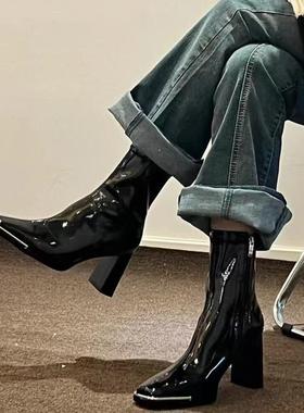 肯豆同款高筒长靴低筒弹力马丁靴秋冬粗跟方头黑色高跟靴漆皮短靴