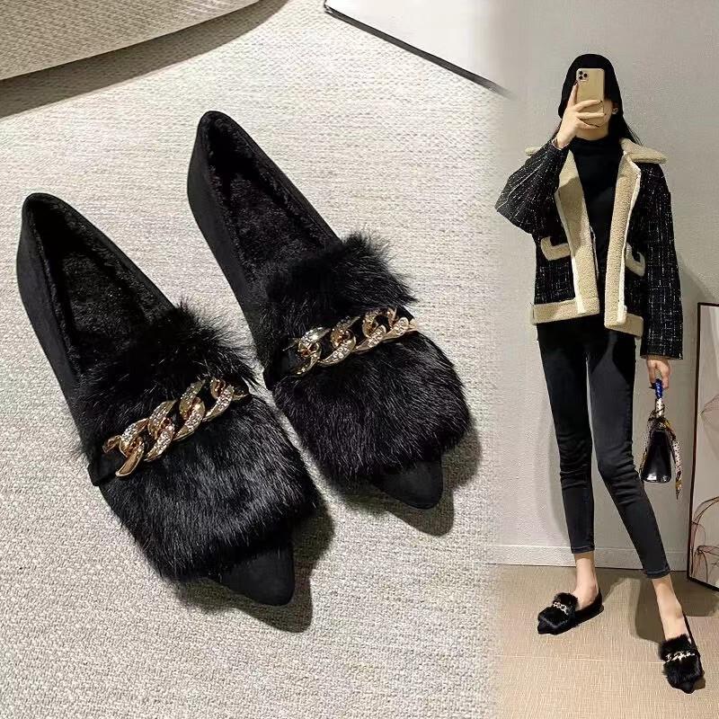 毛毛鞋女冬外穿加绒2025秋冬新款百搭真兔毛平底水钻单鞋豆豆鞋女
