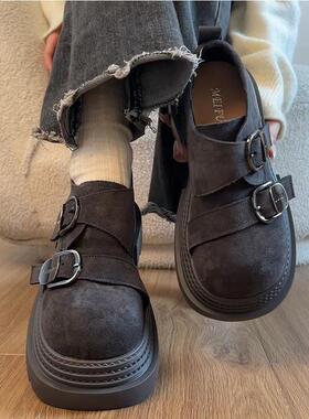 Misscat复古厚底小众灰色小皮鞋春季设计感魔术贴轻便玛丽珍单鞋