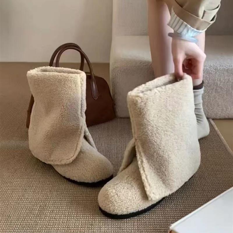 圆头毛毛靴子开叉平底短靴女2025冬季加绒保暖棉鞋外穿套筒雪地靴