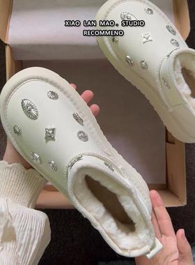 白色水钻厚底百搭增高雪地靴女2025冬季新款加绒加厚保暖短筒棉鞋