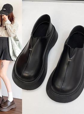 厚底乐福鞋女2025秋冬新款一脚蹬两穿黑色通勤上班工作鞋小皮鞋子