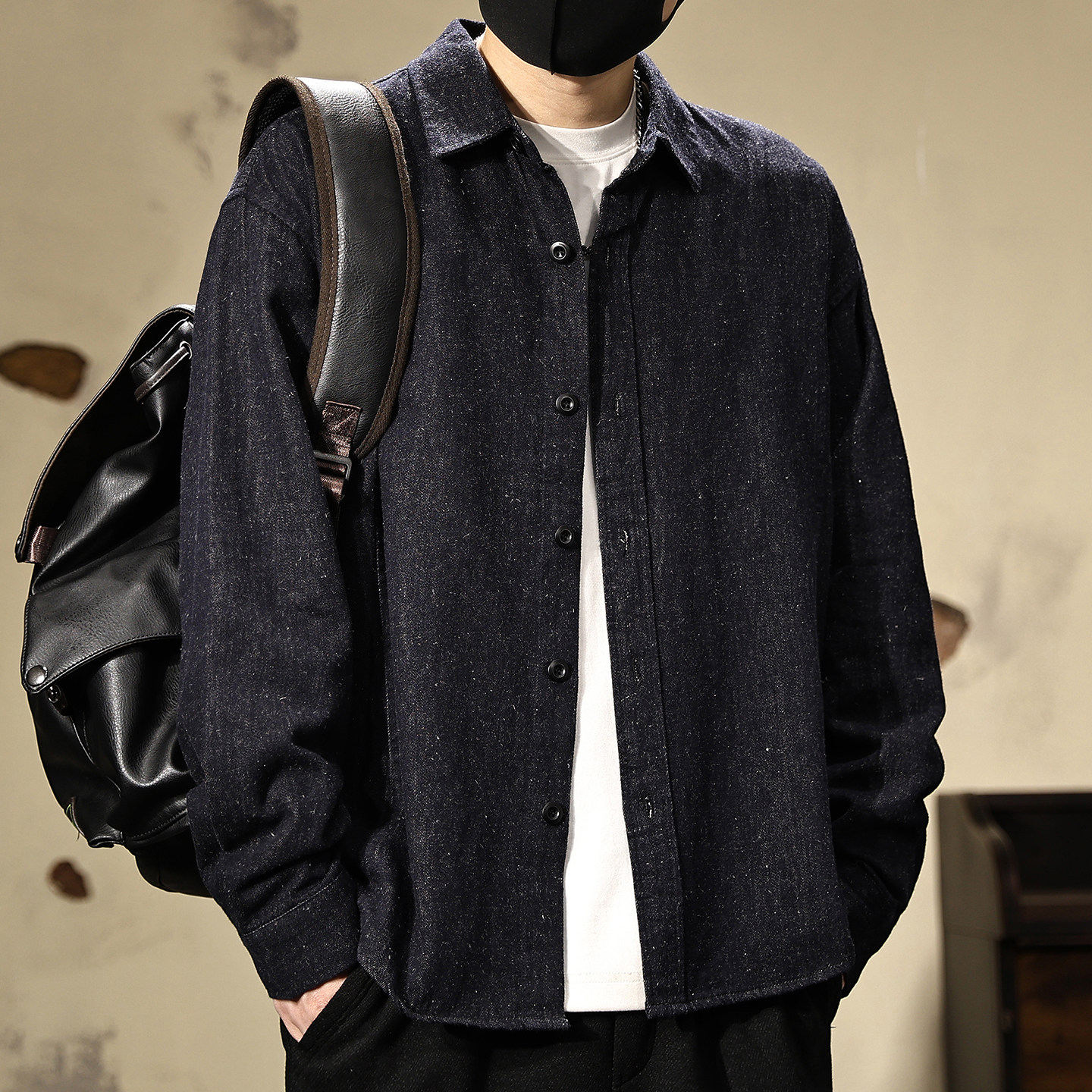 秋季翻领牛仔宽松大码长袖衬衫男