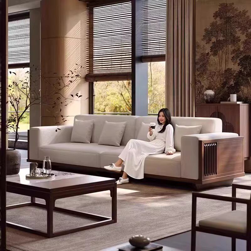 宋氏美学新中式纯实木沙发组合简约禅意客厅宋式黑胡桃木直排沙发