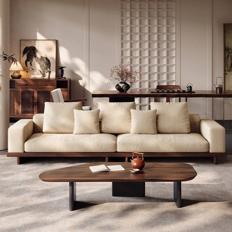 宋式美学北美黑胡桃木实木沙发新中式现代简约客厅直排棉麻真皮