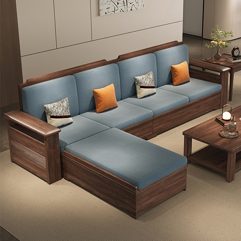 北美黑胡桃木实木沙发现代简约客厅组合冬夏两用储物转角贵妃榻