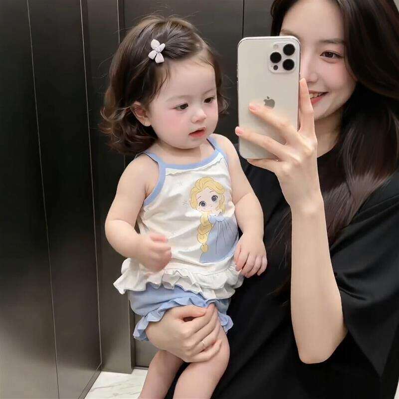 吊带背心婴儿夏薄款卡通莫代尔公主睡裙空调服宝宝冰丝家居服套装