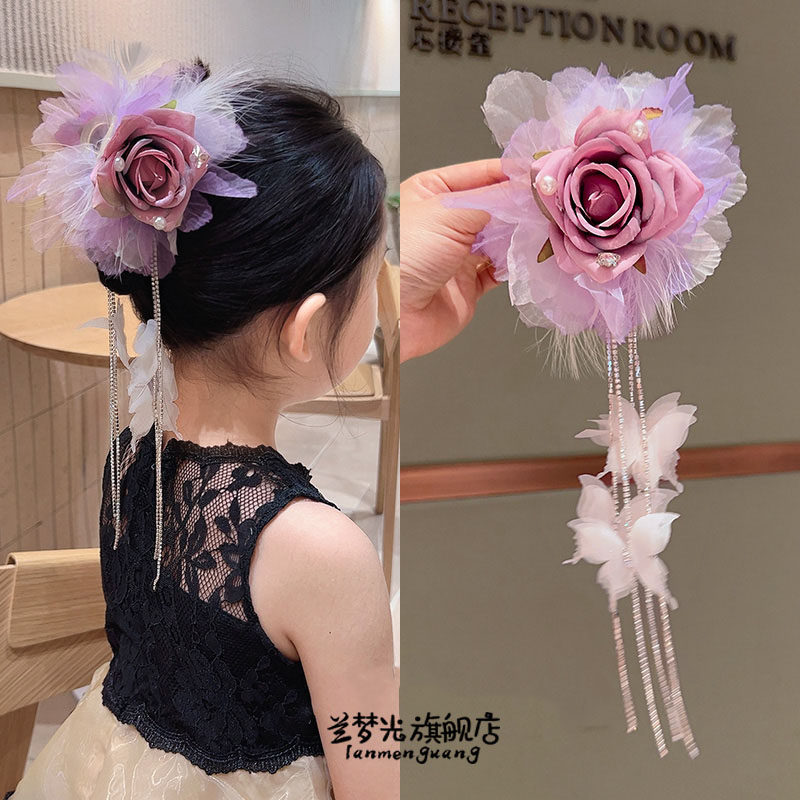 2026新款羽毛玫瑰花朵抓夹女童后脑勺发卡子高级感蝴蝶流苏鲨鱼夹