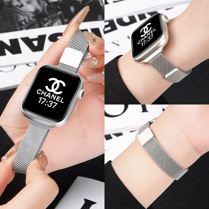 适用苹果手表iwatchs10表带s9磁吸金属编织applewatch8米兰尼斯se版夏天s7运动透气ultra2不锈钢带男女高级感