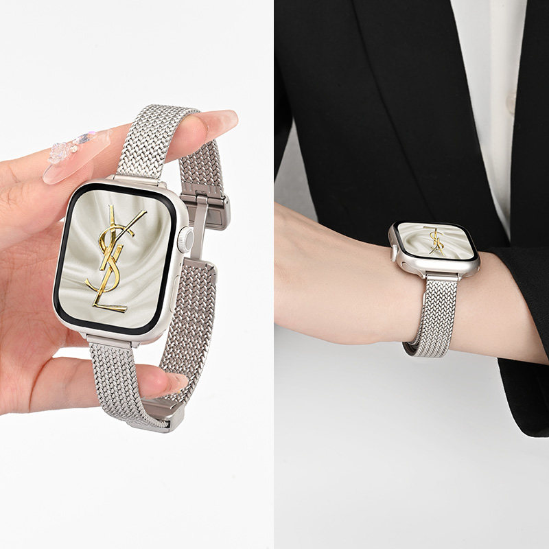 适用iwatch10表带苹果applewatch9手表带麦穗s8金属s7不锈钢折叠扣ultra小众高级男女款45mm女生SE创意腕带夏