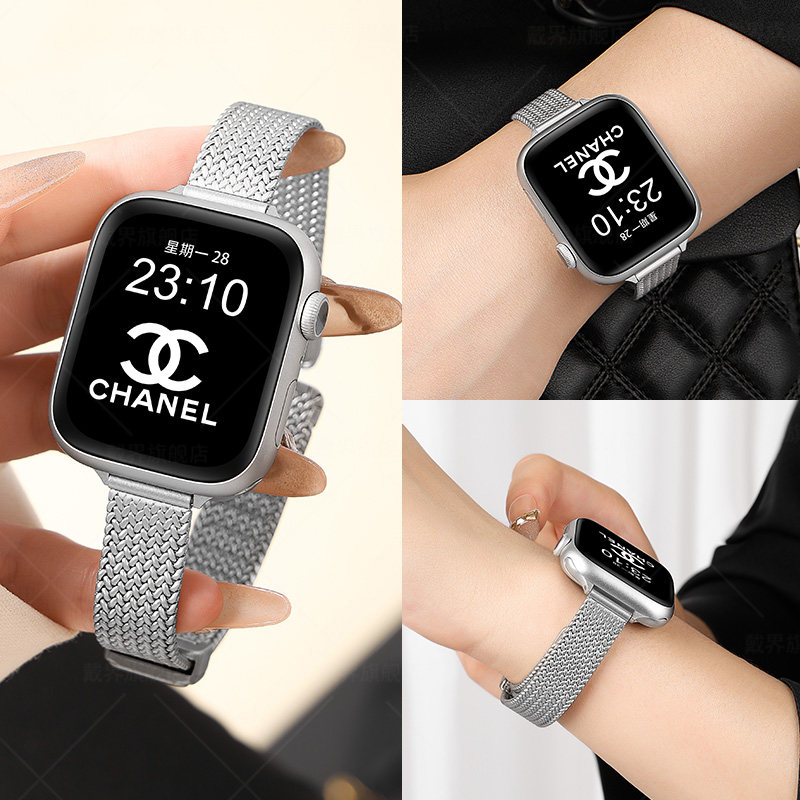 适用苹果S10细麦穗卡扣iwatch表带新款applewatch9腕带s8金属s7高级感ultra2小众运动女款se版夏季金属钢带男
