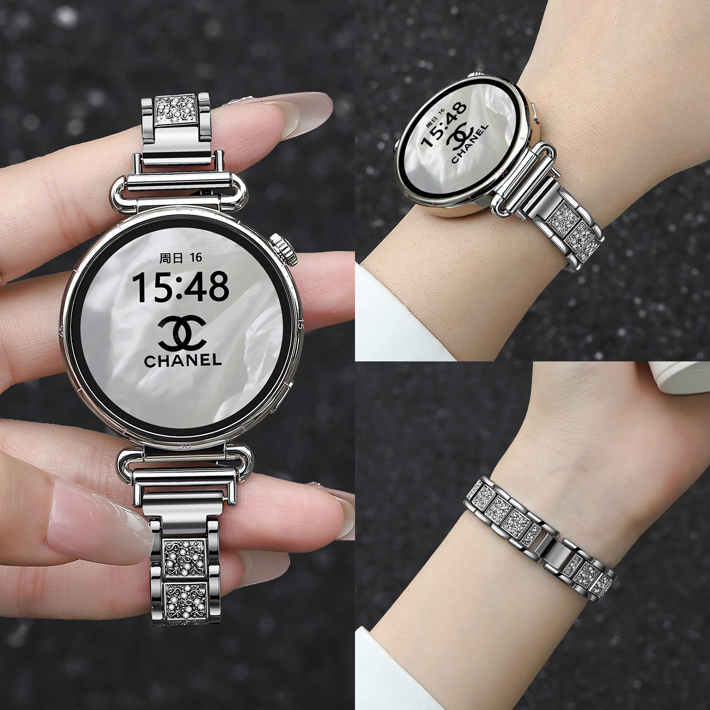 适用华为gt5新款gt6手表表带gt4爆闪高级感女生gt5pro黑天鹅满钻手链watch5网红款气质腕带huawei夏季表链