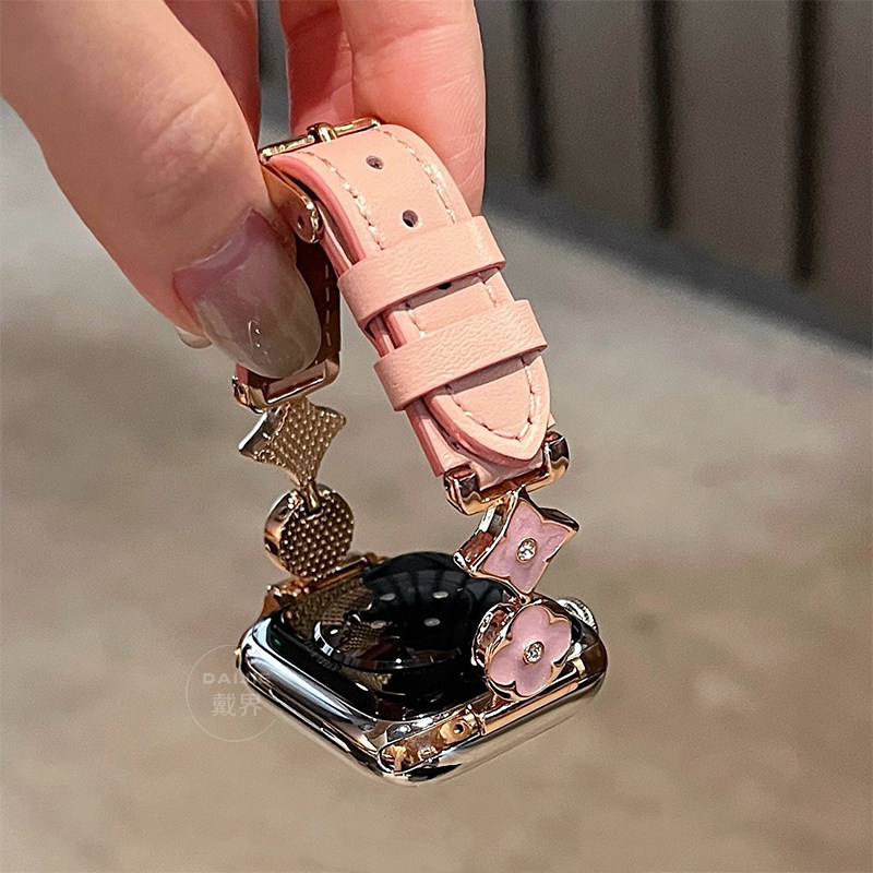 【老钱风】精致真皮表链适用苹果手表s11表带气applewatch专用质感s10十字花腕带女生se3韩系高级s9时尚夏季