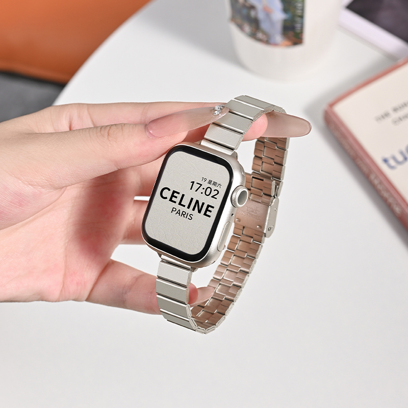 小红书同款适用S9苹果手表智能s10系列表带不锈钢applewatchs8爆款金属钢带运动iwatch高级感表链男女款夏天