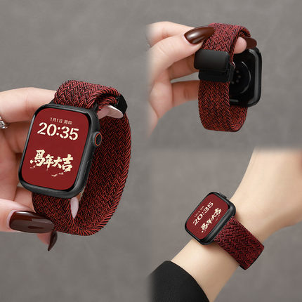 新年适用iwatchS11表带红色applewatch苹果S10版智能手表女款韩系S9尼龙编织s8质感S7磁吸SE3男series秋冬季