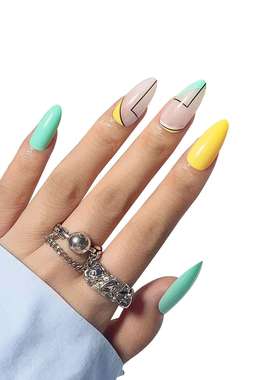 跨境绿色纯色穿戴甲片指甲甲片条纹穿戴甲中长款穿戴美甲成品