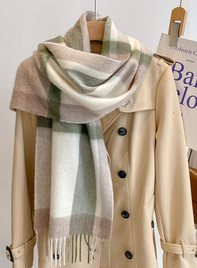 跨境绿色格子围巾女冬季百搭纯羊毛加厚保暖新年礼物针织羊绒围脖