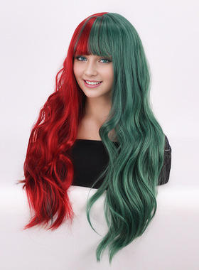跨境圣诞节红绿色假发女波浪长卷发刘海长发逼真自然化纤假发头套